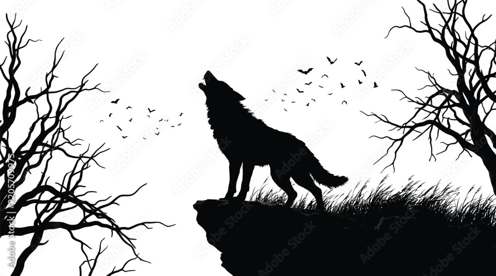 Obraz premium Wolf howling silhouette vector graphic illustration with spooky dead trees
