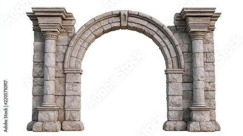 Ancient stone archway stands proudly against a white backdrop, representing timeless architecture and classic historical concept