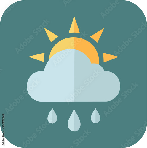 Orange and yellow smiley face with three falling droplets on teal background