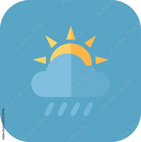 Yellow smiley face with orange sun rays on light blue background