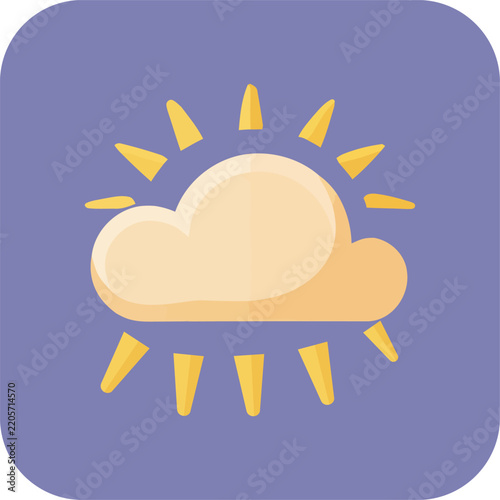 Yellow smiling sun with rays and zigzag clouds on blue background