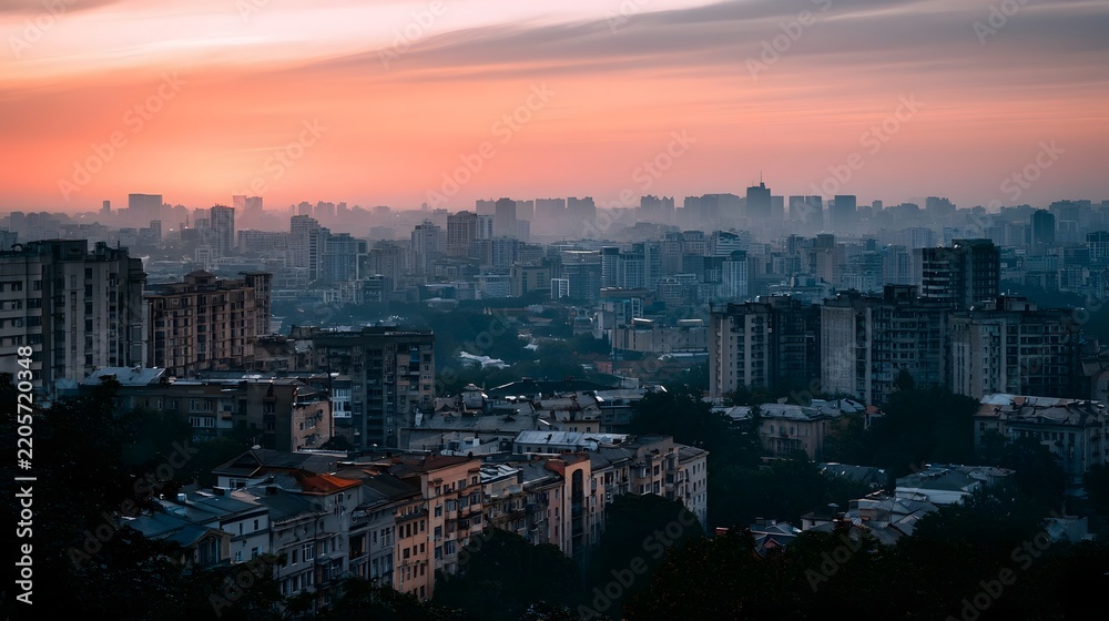 Obraz premium A panoramic view of a sprawling cityscape at sunset with layered buildings and soft orange sky