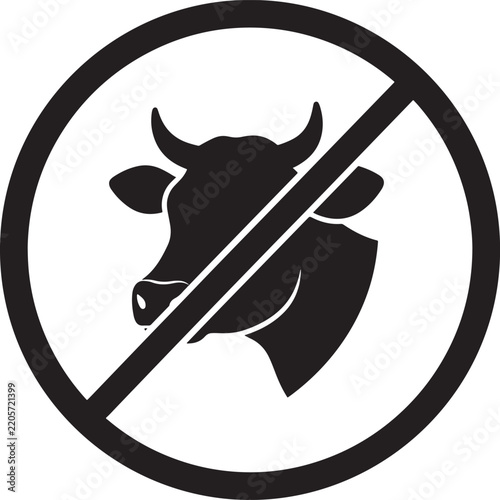 Prohibited cow silhouette symbol in black and white circle with warning sign not allowed food safety animal icon cattle icon farm animal prohibited forbidden restricted