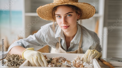 Young Woman Artisan Wearing Straw Hat Indoors
