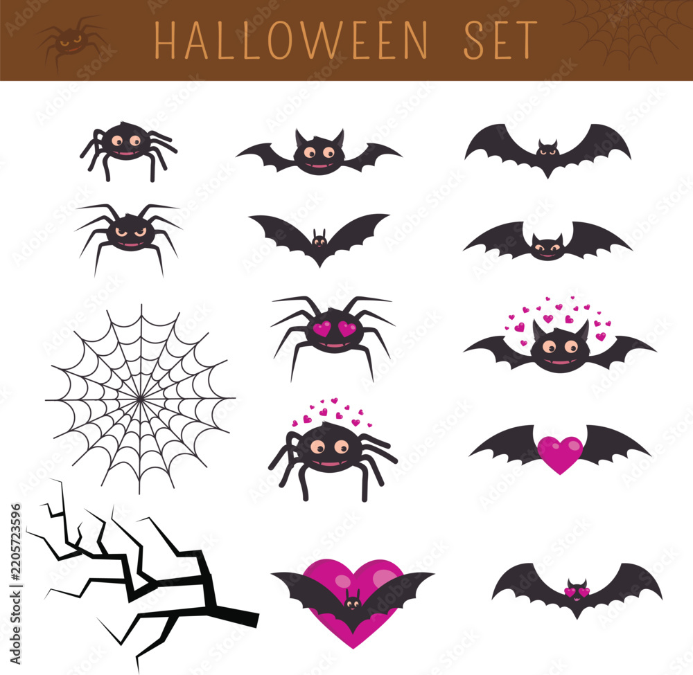 Fototapeta premium Cute Halloween Vector Icons Set with Spiders and Bats