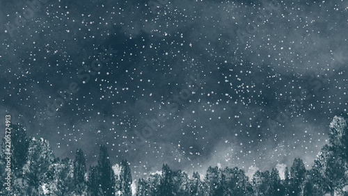 Atmospheric blue watercolor winter landscape showing snow-covered trees, falling snowflakes, misty sky, and a soft frosty forest atmosphere.