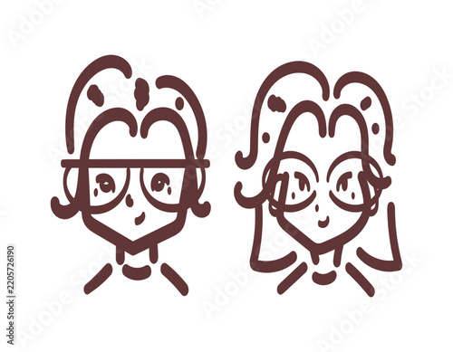 illustration of a beautiful and sweet girl wearing glasses with wavy hair. profile, head, avatar. cute and adorable. facial expression of a woman smiling and happy. minimalist line art style, sketch, 