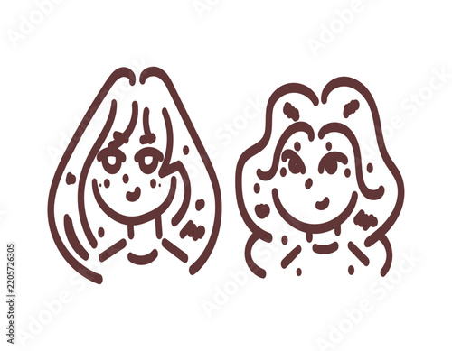 illustration of a beautiful and sweet girl's face with long hair. profile, head, avatar. woman's facial expression smiling and happy. minimalist line art style, sketch, scribble