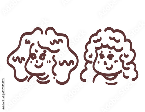 illustration of a beautiful and sweet girl with long curly or wavy hair. profile, head, avatar. woman's facial expression smiling and happy. minimalist line art style, doodle, scribble