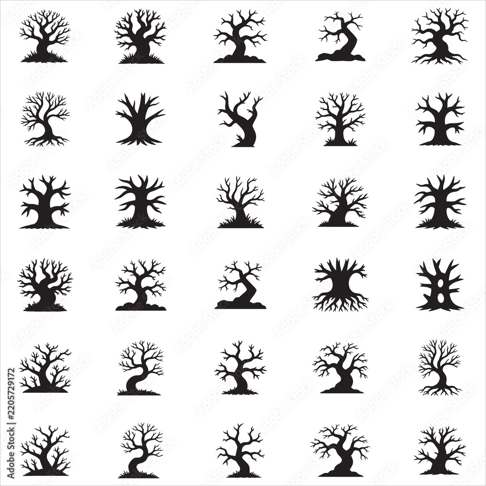 Obraz premium PrintSet of 25 Black Silhouette Tree and Botanical Icons, Nature Collection