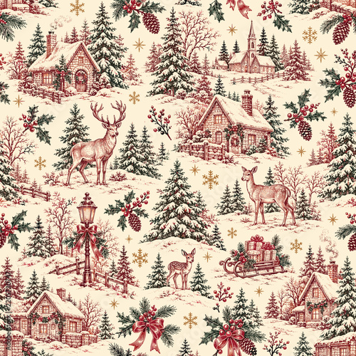 Vintage Christmas Winter Village Seamless Pattern with Snowy Cottages, Reindeer, Holly and Pine Trees