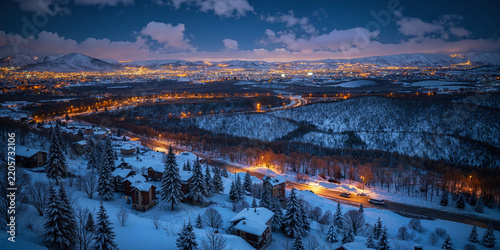 Warm City Lights Across a Snowy Valley at Blue Hour