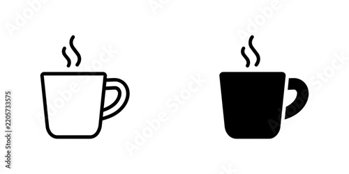 Hot coffee cup vector icon set in thin outline line art and solid black style with steam isolated on white background for cafe menu design