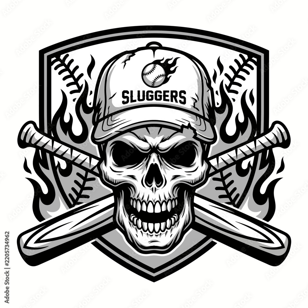 Fototapeta premium A striking logo design featuring a skull with crossed baseball bats and flames, symbolizing intensity, competitiveness, and a fierce spirit in the world of sports.