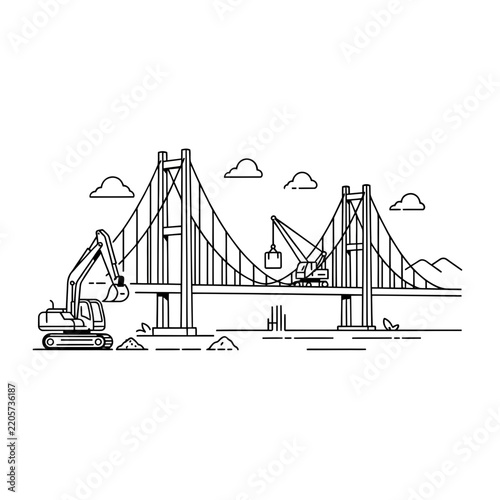 Construction illustration of suspension bridge under development with heavy machinery