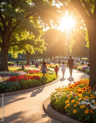A family enjoys a sunny stroll through a vibrant park filled with blooming flowers.