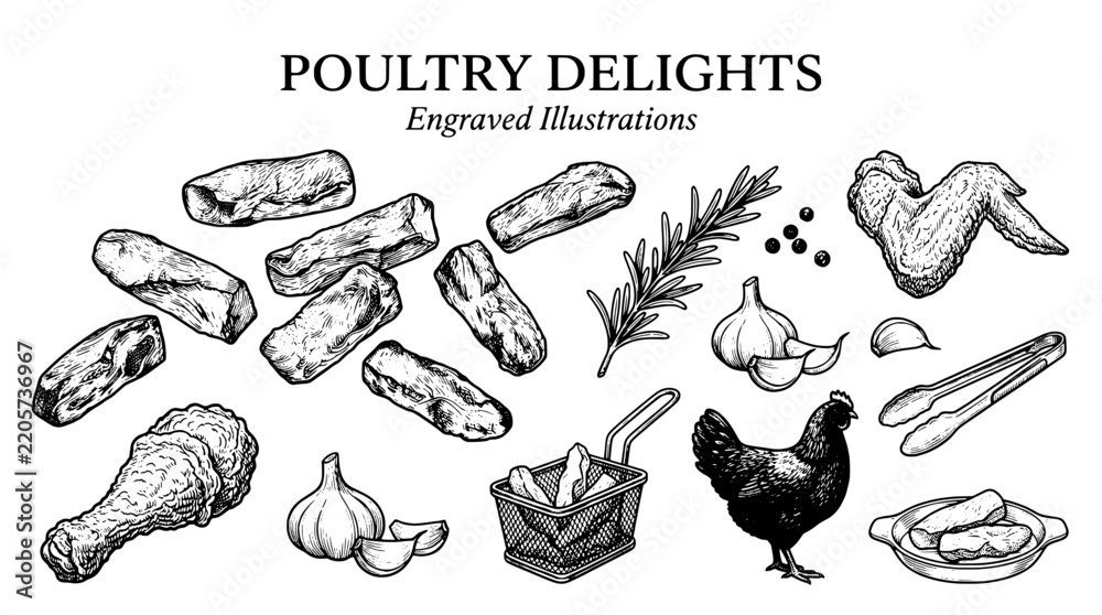 Obraz premium Poultry delights illustrated with engraved art featuring chicken parts and cooking ingredients