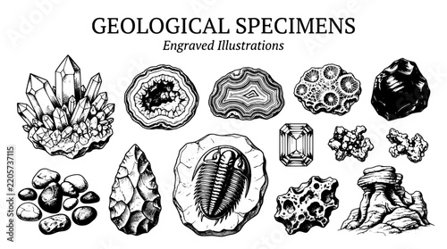 Engraved illustrations of geological specimens showcasing various minerals and fossils in detailed line art