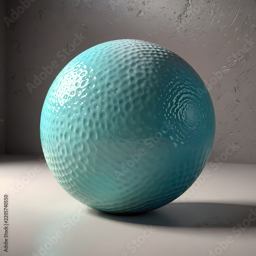 Textured turquoise sphere resting on a reflective surface against a rough concrete wall background.