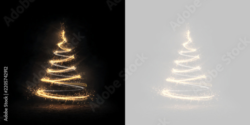 Golden glowing light trail Christmas tree on dark and transparent background. Spiral swirl pine tree element for holiday design