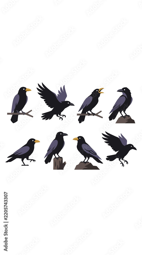 Obraz premium Set of eight black and purple crows perched flying and standing with yellow beaks