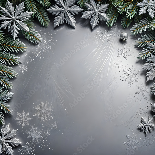 Winter holiday background featuring silver snowflakes and fir tree branches arranged on a dark surface.
