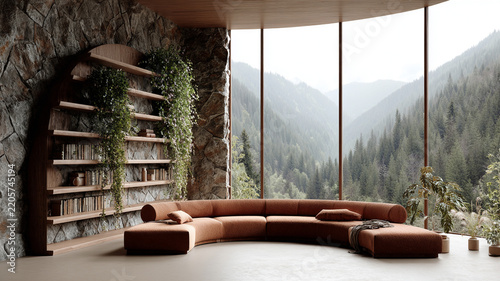 Modern Mountain Living Room with Orange Sofa