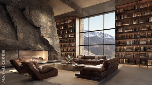 Luxury Mountain Library Living Room Interior