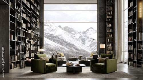 Elegant Home Library with Mountain Panorama