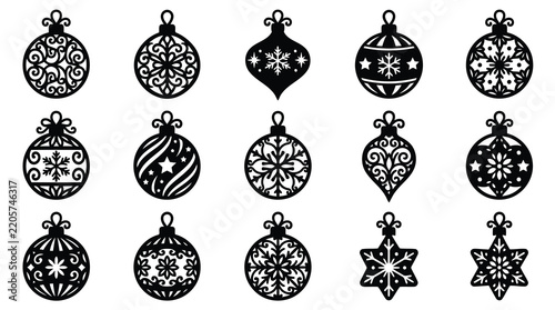 Christmas Bauble Ornaments Silhouette Vector Set with Snowflake and Floral Cut File