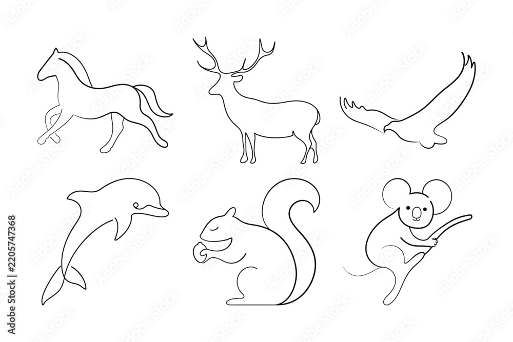 Obraz premium Simple line art animal collection displays desert and marsh species in clean black ink style.