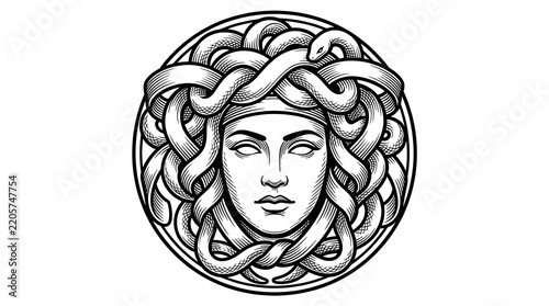 Medusa Gorgon Head with Snake Hair Mythological Creature Illustration in Vintage Engraving Line Art Style