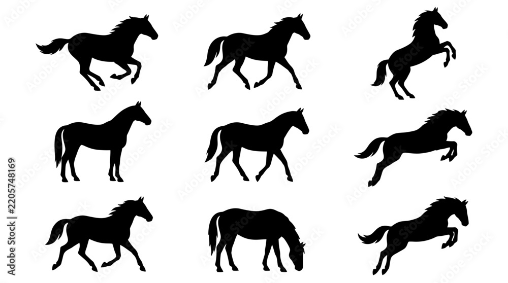 Obraz premium Horse Silhouettes Set - Black Vector Animal Icons
