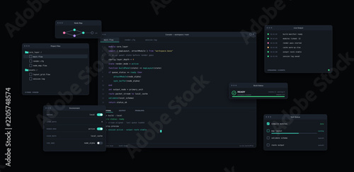 Dark mode code editor interface vector elements, modern software user interface dashboard panels, cyber dark UI design suite