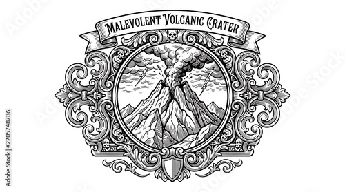 Vintage engraving illustration of a malevolent volcanic crater eruption within an ornate baroque frame