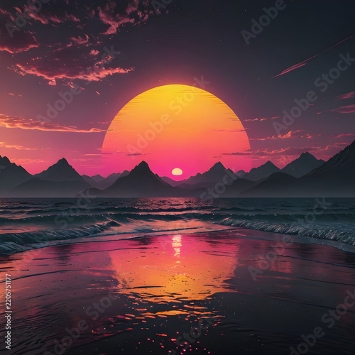 Sunset glows over ocean waves and mountains with vibrant pink reflections.