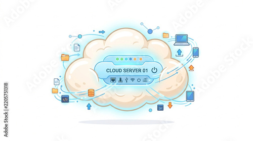 Cloud computing server system with digital devices, data files, network connections and database storage technology illustration