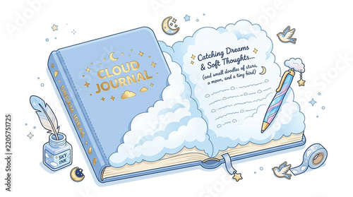 Cute Cloud Journal with Pen, Inkwell, and Bird Illustration