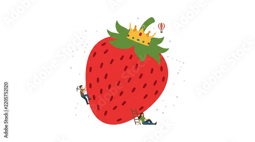 Tiny People Climbing and Scaling a Giant Strawberry Wearing a Golden Crown Illustration