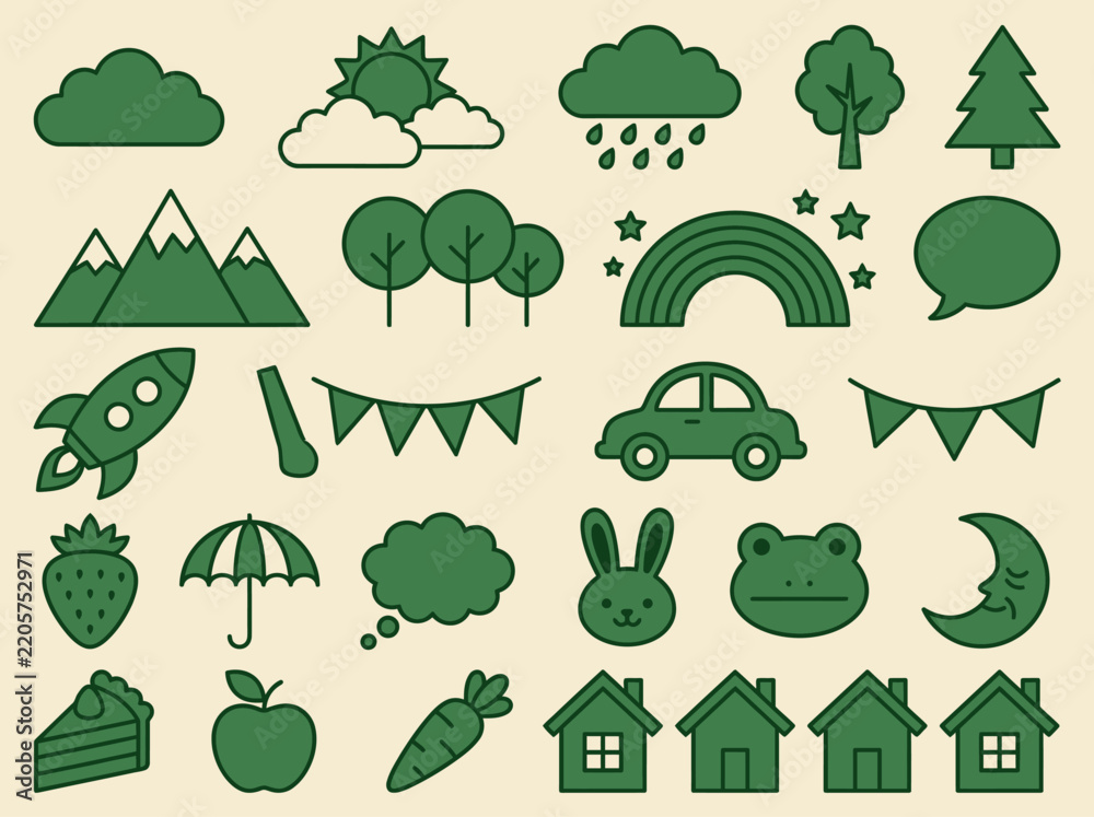 Obraz premium Green Minimalist Flat Line Icon Set for Eco-Friendly Design, Weather, Nature, and Lifestyle Symbols