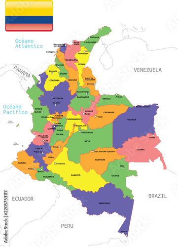 Detailed administrative divisions of Colombia with neighbors and flag