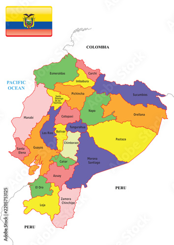 Detailed administrative divisions of Ecuador with neighbors and flag