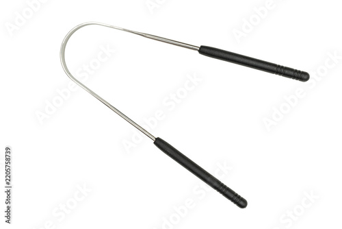 Stainless steel tongue scraper with black handles isolated PNG