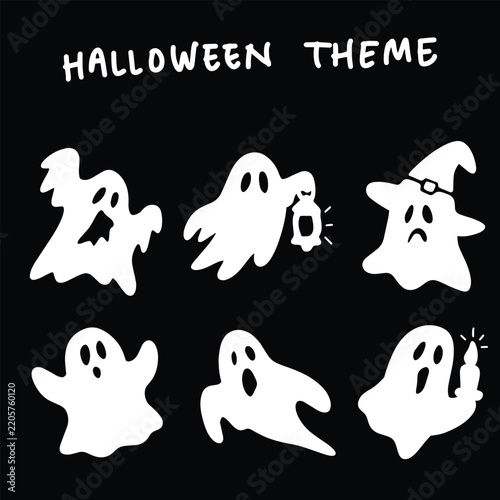 Cute White Halloween Ghost Silhouette Collection Vector