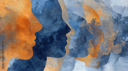 Abstract layered human profiles in shades of blue and orange representing diversity, community, inclusion, unity, equality, social connection, multicultural identity, and togetherness against a clean 