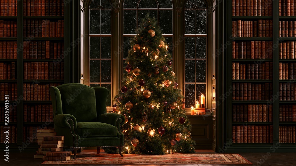 Obraz premium Christmas tree with glowing lights and ornaments beside velvet armchair, candles, leather bound books, and arched window in an old library interior