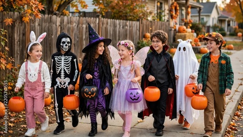 Children in Halloween Costumes Trick-or-Treating on Autumn Street.