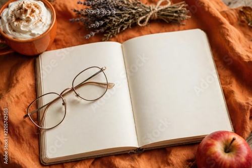 Cozy Autumn Reading Scene with Open Notebook and Warm Drink.