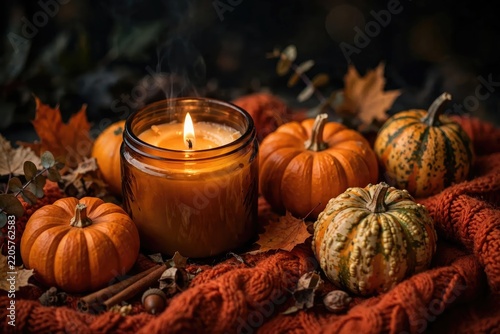 Cozy Autumn Scene with Lit Pumpkin Spice Candle and Mini Pumpkins.