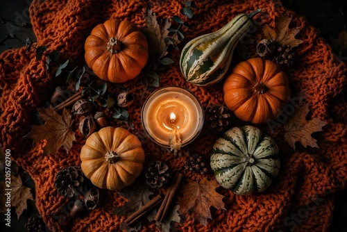 Cozy Autumn Still Life with Pumpkins and Candle.